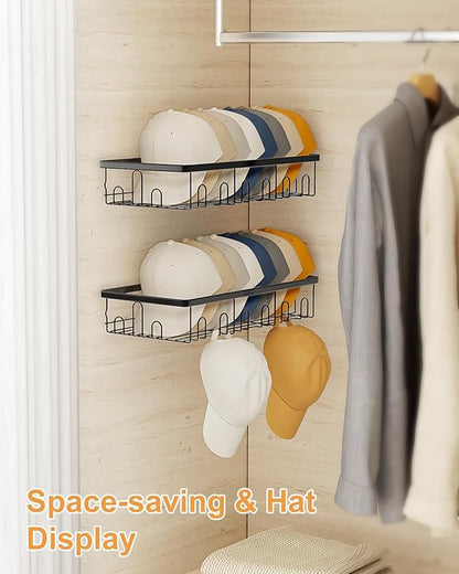 Hat Rack for Wall, 2 Pack Large Hat Organizer with More Hooks, Holds 56 Caps, Metal Wall Mounted Hat Holder for Baseball Caps, Closet Bedroom Kitchen Bathroom, Black
