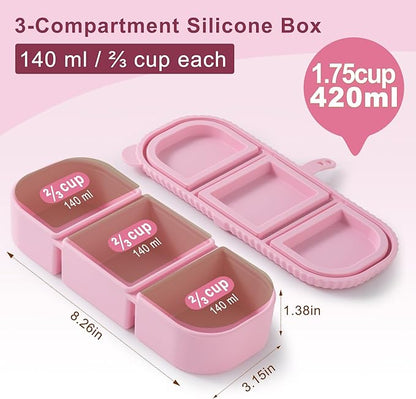 2Pack Silicone Reusable Snack Containers with Lids | Small 3-Compartment Snackle Box |Perfect for Kids Lunch, Sauce, Food Storage at School, Work, Travel