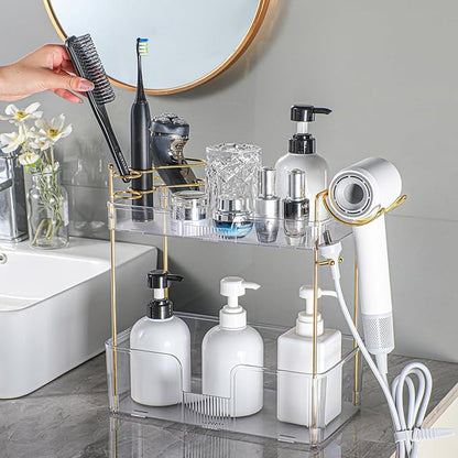 shuang qing 2 Tier Bathroom Counter Organizer with Hair Dryer Holder, Hair Tool Countertop Storage, Cosmetics Skincare Shelf Organizer, Makeup Organizer Perfume for Dresser Vanity Tray - White