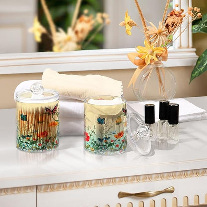 4 Pack Qtip Holder Dispenser Dragonfly Butterfly Tulip Flower Cotton Ball Swab Round Pads Floss Clear Bathroom Storage Containers Plastic Apothecary Jars with Lids