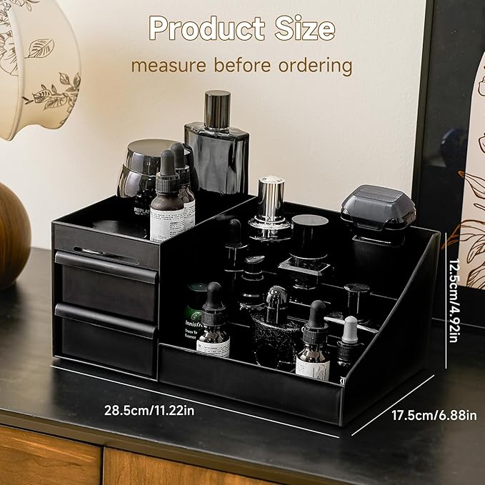 UFORU Large Black Vanity Organizer for Men, Countertop Cologne Organizer with Drawers, Perfume Stand & Mens Skincare Storage, Deodorant Display for Bathroom Bedroom Dresser, Ideal Gifts for Men