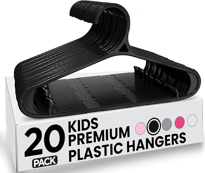 Utopia Home Kids Hangers 20 Pack - 11 Inch Plastic Baby Hangers for Closet - Childrens Hanger for Clothes & Infant Hanger for Closet - Non-Slip Shoulder Grooves, Strap Hooks & Pants Bar (Black)
