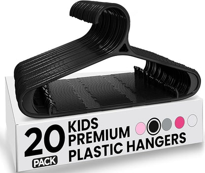 Utopia Home Kids Hangers 20 Pack - 11 Inch Plastic Baby Hangers for Closet - Childrens Hanger for Clothes & Infant Hanger for Closet - Non-Slip Shoulder Grooves, Strap Hooks & Pants Bar (Black)