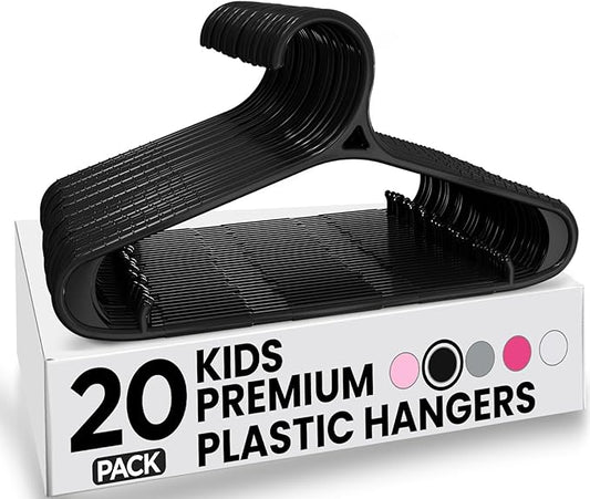 Utopia Home Kids Hangers 20 Pack - 11 Inch Plastic Baby Hangers for Closet - Childrens Hanger for Clothes & Infant Hanger for Closet - Non-Slip Shoulder Grooves, Strap Hooks & Pants Bar (Black)