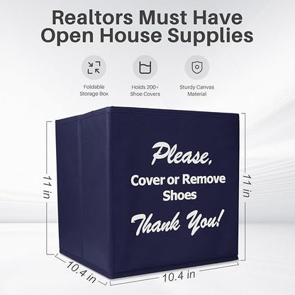 Opret Large Shoe Cover Box Blue, Real Estate Agent Supplies, Disposable Shoe Cover Dispenser Box for Open House, Please Cover or Remove Shoes, Foldable Storage Bin for Bootie