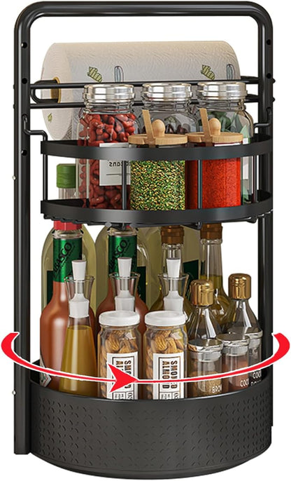 Rotating Spice Rack with Paper Towel Holder, 2 Tier Turntable Lazy Susan, Seasoning Organizer for Kitchen Countertop Cabinet, Black