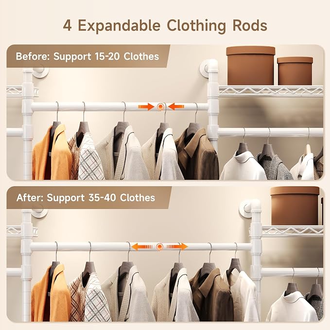 Wall Mounted Garment Rack, Walk-in Closet System with Expandable Rods, Adjustable Shelves, Industrial Pipe Clothing Racks, Hanging Clothes Organizers and Storage, Metal Closet Shelving Wardrobe