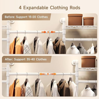 Wall Mounted Garment Rack, Walk-in Closet System with Expandable Rods, Adjustable Shelves, Industrial Pipe Clothing Racks, Hanging Clothes Organizers and Storage, Metal Closet Shelving Wardrobe