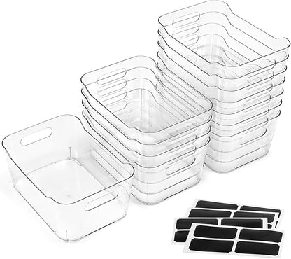 12 PACK Multiuse Clear Plastic Storage Bins for Organizing w/ Labels - Home, Kitchen, Bathroom, Office, Pantry Cabinet Shelf Organizer Bins - SOHO Collection, RV, Fridge Organization Containers