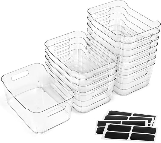 12 PACK Multiuse Clear Plastic Storage Bins for Organizing w/ Labels - Home, Kitchen, Bathroom, Office, Pantry Cabinet Shelf Organizer Bins - SOHO Collection, RV, Fridge Organization Containers
