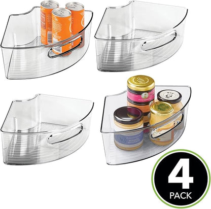 mDesign Plastic Lazy Susan Cabinet Storage Bin with Front Handle for Kitchen Countertop, Pantry, Shelf, Fridge Organization - Hold Food, Drinks, Snacks - Ligne Collection - 4 Pack - Smoke Gray