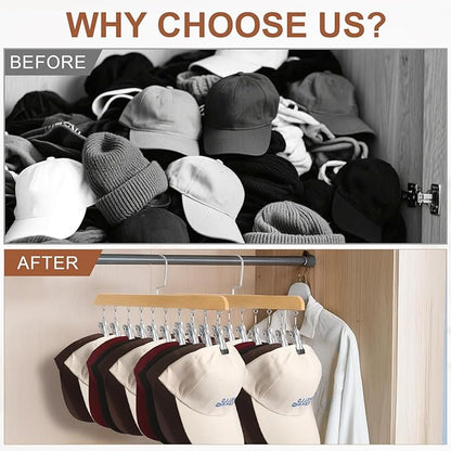 Hat Hangers for Closet, Hat Organizer for Baseball Caps, 2 Pack Hat Rack with 10 Traceless Clips Fits All Caps & Pants, 360° Swivel Big Hook Closet Organizer and Storage (Natural Wood Color)