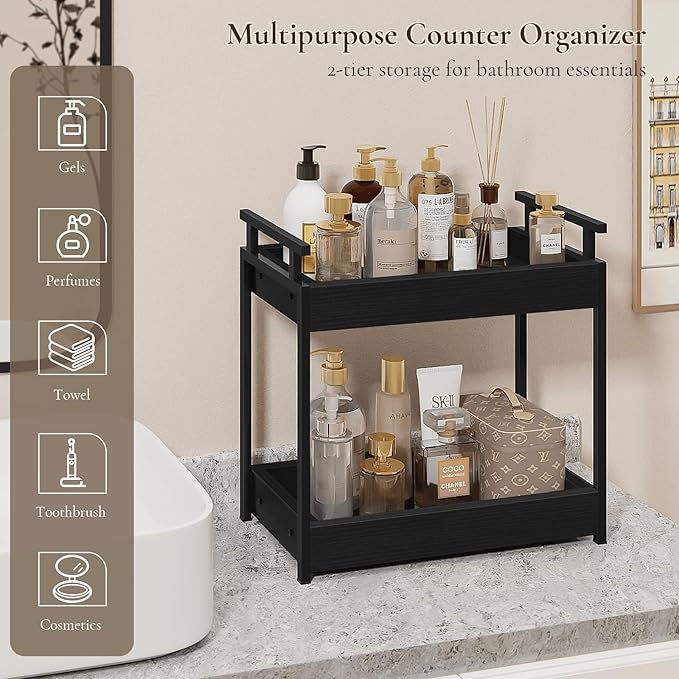 Bathroom Organizer Countertop, 2 Tier Wooden Vanity Counter Organizer, Decorative Tiered Bathroom Shelf for Storage, Coffee Bar Makeup Perfume Caddy, Black