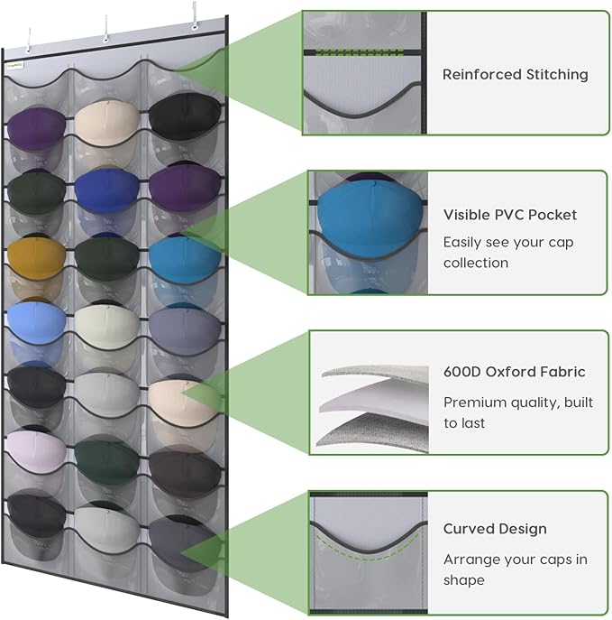 Baseball Hat Rack, 24 Pocket Over-The-Door Hat Organizer with Clear Deep Pockets to Display Baseball Caps Collection, Complete with 3 Over Door Hooks (Grey, 24 Pockets)