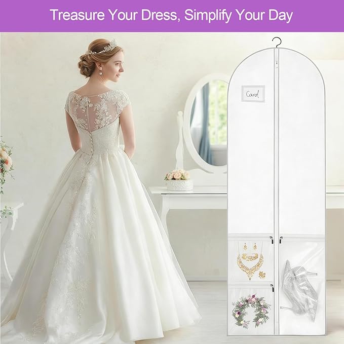 72" Wedding Dress Garment Bag with 10" Gusset & 4 Pockets - Extra Long Hanging Storage Cover for Bridal Gowns, Evening Dresses, and Formal Gowns, Travel Clothes Bag with Accessory Pockets