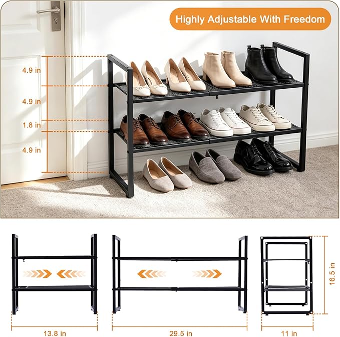 Expandable Shoe Rack,2 Tier Adjustable Metal Shoe Shelf for Closet,Sturdy Free Standing Shoe Storage for Door Entrance,Bedroom,Small Spaces,Black