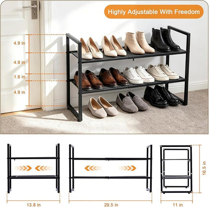 Expandable Shoe Rack,2 Tier Adjustable Metal Shoe Shelf for Closet,Sturdy Free Standing Shoe Storage for Door Entrance,Bedroom,Small Spaces,Black