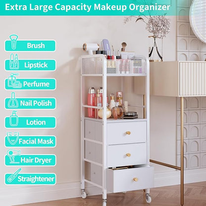 HapiRm Rolling Makeup Cart Organizer - Floor Skincare Make Up Storage with 3 Non-woven Fabric Drawers, Vanity Organizer Cosmetic Display Cases Holder for Skin Care Perfume Nail Polish Brush Hair Tool