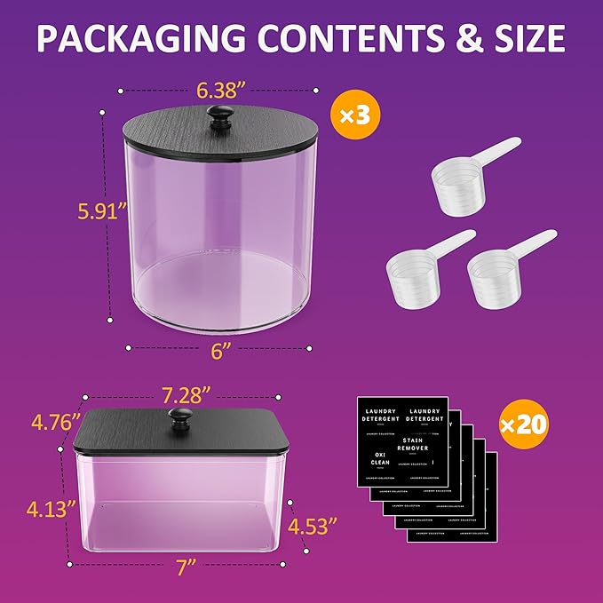galasily 4 Pack Laundry Pods Container, Clear Laundry Room Organization Containers,Large Acrylic Detergent Powder Storage Containers Black Wooden Lids & Labels, Dryer Sheet Holder
