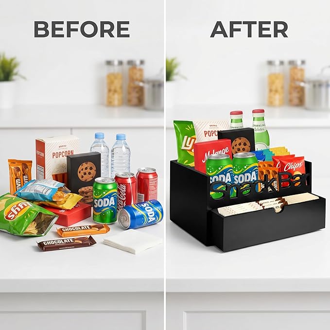 Snack Bar Organizer – Black 3 Compartment Station with Drawer, Countertop Pantry Organizer for Kitchen, Office Food Holder, Candy Storage Bin, Display Stand, Cabinet Tray & Shelf