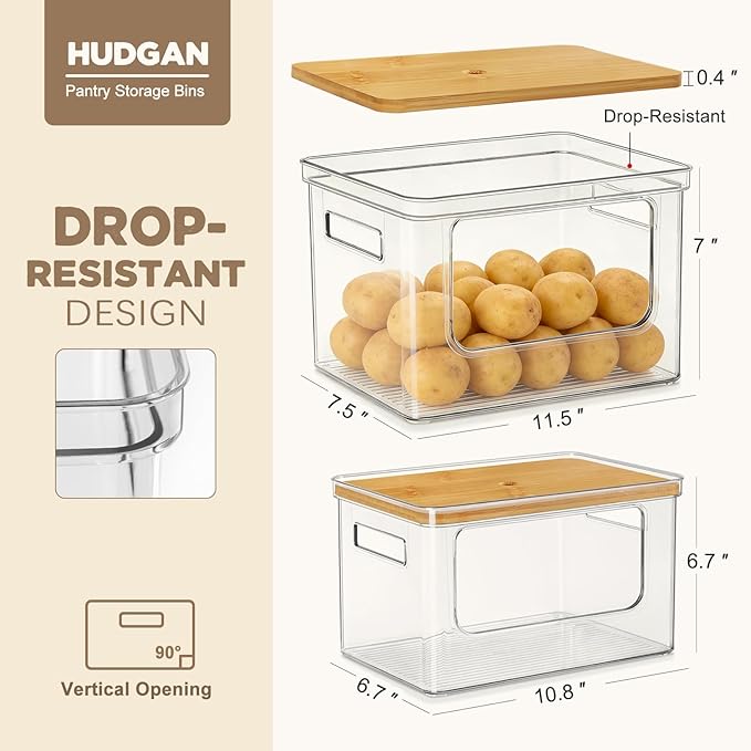 Hudgan Pantry Organizers and Storage with Straight Side, 2 Set Stackable Bin with Open Front for Onion,Potato,Garlic,Fruit, Clear Storage Bin with Bamboo Lid for Kitchen Cabinet, Countertop, Bathroom