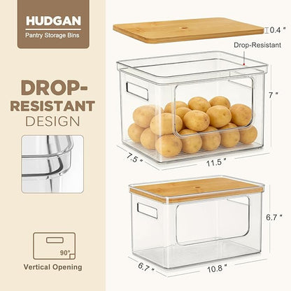 Hudgan Pantry Organizers and Storage with Straight Side, 2 Set Stackable Bin with Open Front for Onion,Potato,Garlic,Fruit, Clear Storage Bin with Bamboo Lid for Kitchen Cabinet, Countertop, Bathroom