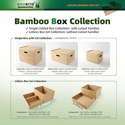 BAMOTTO CRAFTBAMBOO 3-Piece Large Bamboo Storage Box Set - 7.1in High Stackable Deep-Drawer Organizer, Lidless Bamboo Bin for Kitchen Cutlery Utensils Knives (14.6"x10.2"x7.1"*1 + 10.2"x7.3"x3"*2)