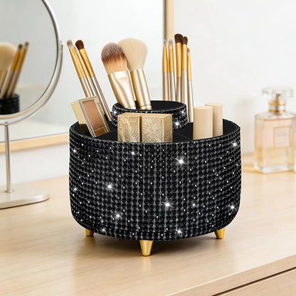 Diesisa Bling Makeup Organizer: 360°Rotating Bling Rhinestone Cosmetic Display Cases -Diamond Makeup Brush Holder - 5 Slot Cup for Cosmetics - Bling Lipstick Organizer - Gift for Women - Diamond Black