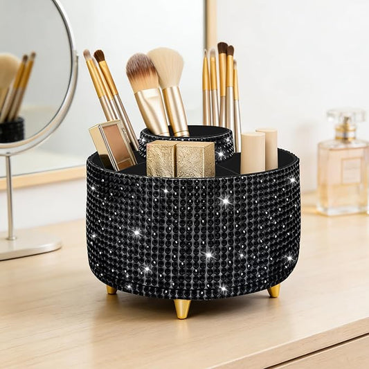 Diesisa Bling Makeup Organizer: 360°Rotating Bling Rhinestone Cosmetic Display Cases -Diamond Makeup Brush Holder - 5 Slot Cup for Cosmetics - Bling Lipstick Organizer - Gift for Women - Diamond Black