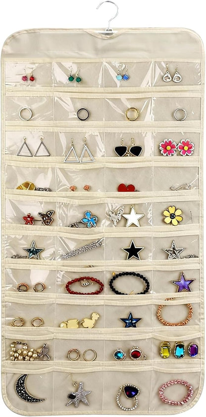 Zorfeter Hanging Jewelry Organizer, 80 Pocket Accessories Organizer Clear Pockets Jewelry Holder, Dual-sided Storage for Closet/Earrings, Necklaces, Rings