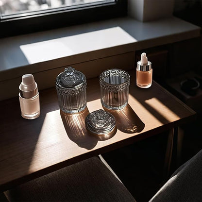 Qtip Holder Glass Apothecary Jars with Lids Set, 2 Pack Crystal Q-tip Canister Jar Bathroom Vanity Organizer for Cotton Ball, Cotton Swab, Floss, Candy - Grey