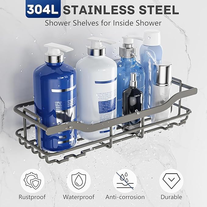 OMAIRA 3-Pack Shower Caddy with Soap Holder, Adhesive Rustproof No-drill Strudy Loading Inside Shower Organizer Shelves Rack Storage Bathroom Organization for Smooth Wall Glass Tile, Grey (X-Large)
