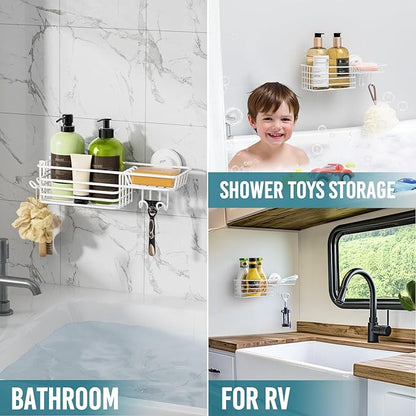 TAILI Shower Caddy Suction Cup with Hooks & Soap Holder, Heavy Duty Bathroom Shower Organizer, No Drilling Shelves for Inside Bathroom, Metal Storage Basket
