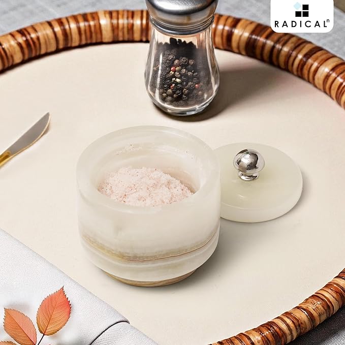 Radicaln Marble Salt Cellar with Lid 3" White Onyx Handmade Salt Box & Spice Jar for Kitchen Counter, Ideal Salt Holder, Sugar Bowl & Salt Dish, Salt Container For Housewarming Gift & Kitchen Decor