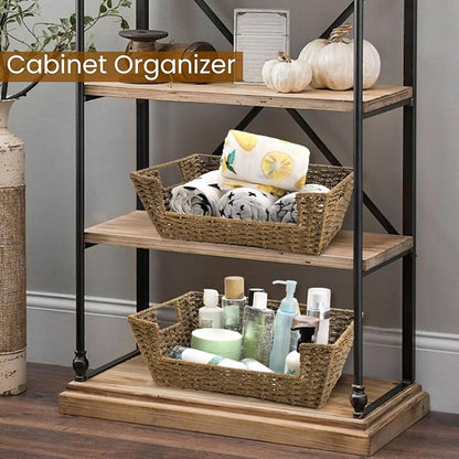 2 Pack Open Front Storage Baskets, Brown Paper Rope Woven Basket with Built-in Handles, 13''W x 10.6''D x 4.7''H Pantry Organzier Bins for Shelf, Bedroom, Living Room, Pantry