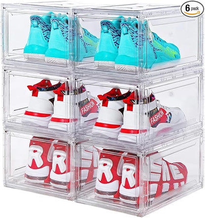 6 Pack Shoe Boxes Clear Stackable, Large Shoe Storage Boxes, Space Saving Acrylic Shoe Boxes, Foldable Shoe Container Boxes that Fits Up to Size 14 Shoes (10 Pack Transparent)