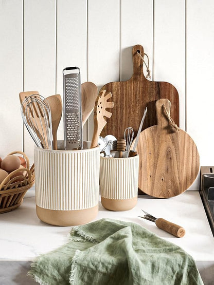 LE TAUCI Ceramic Utensil Holder for Kitchen Counter - 6.9"+5.3" Large Kitchen Utensil Holder Set of 2, Cooking Utensil Crock & Organizer for Spatula, Spoon - Modern Kitchen Decor, Cream Beige, Line