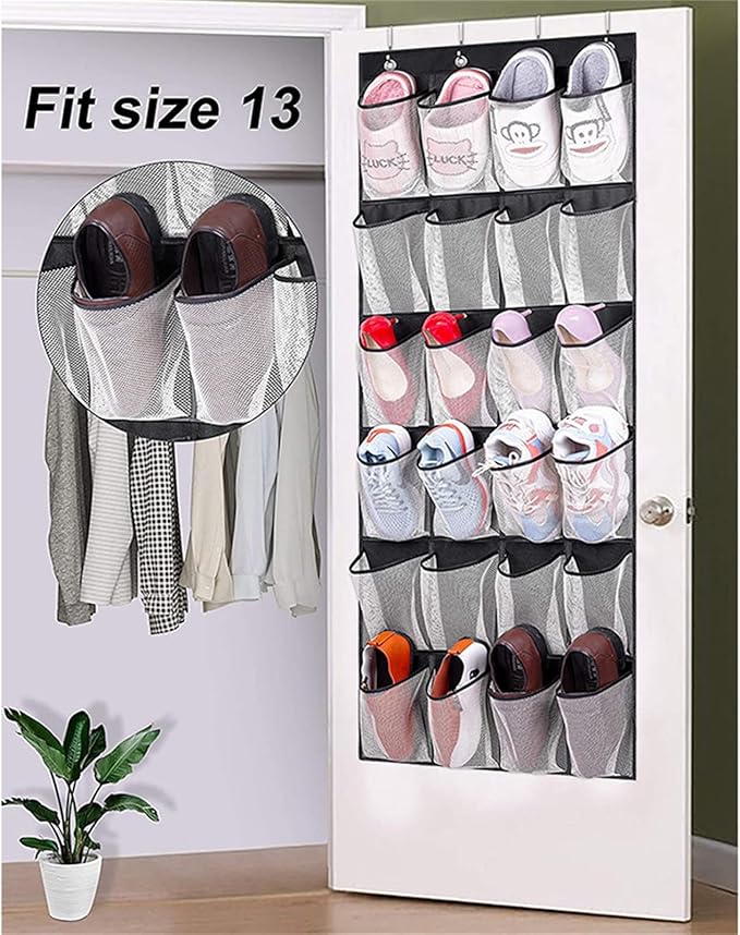 Shoe Rack For Closet Front Door Entrance Entryway Cabinet Hanging Organizer,Shoe Organizers Over The Door Bedroom Bathroom Space Saving Portable Clear 28 Pocket Mesh Breathable Hanger(Black White)