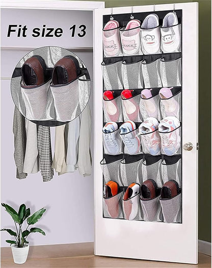 Shoe Rack For Closet Front Door Entrance Entryway Cabinet Hanging Organizer,Shoe Organizers Over The Door Bedroom Bathroom Space Saving Portable Clear 28 Pocket Mesh Breathable Hanger(Black White)