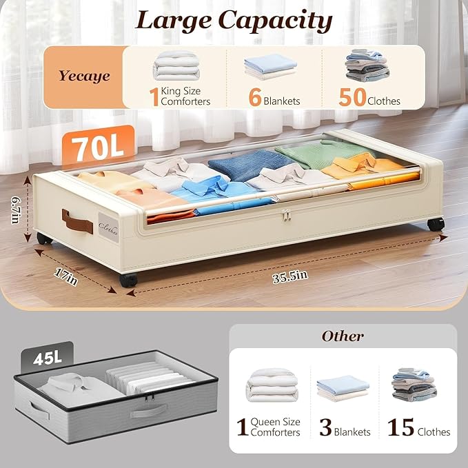 Yecaye 70 L Under Bed Storage with Wheels, 3 Pack Larger Capacity Under Bed Storage Containers, Underbed Shoe Storage Organizer, Rolling Under Bed Metal Drawers for Clothes, Blankets, Beige