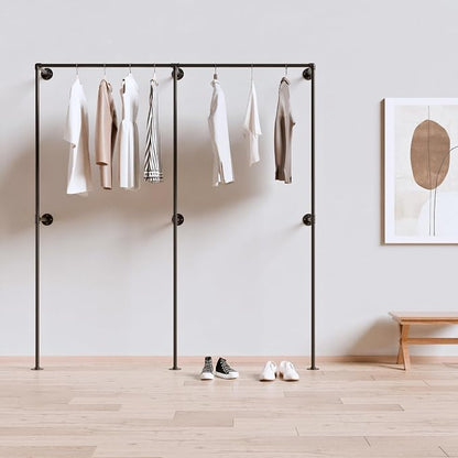 Black Industrial Pipe Clothing Rack 75" W Wall Mounted, Heavy Duty Iron Garment Rack 150 lbs per Rod, Open Closet Organizer for Bedroom Laundry Room Retail Display