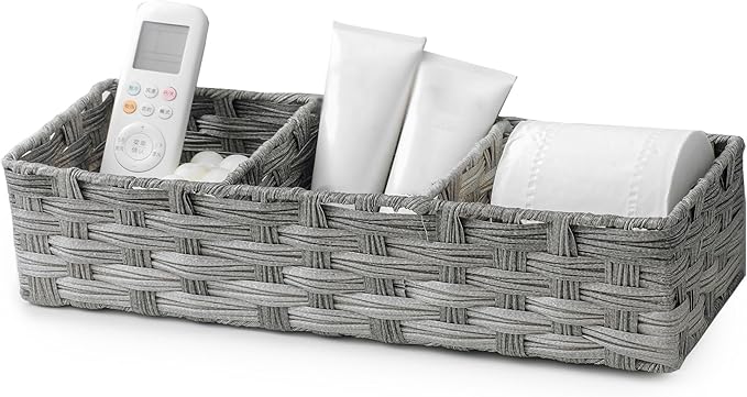 Toilet Tank Topper Paper Basket Multiuse Hand Woven Plastic Wicker Basket Bins with Divider for Shelves Rustic Farmhouse Bathroom Decor Countertop Organizer Storage