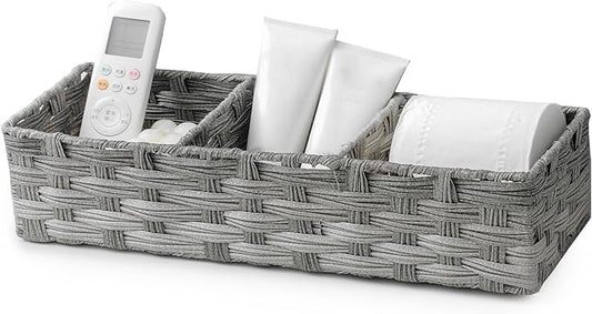 Toilet Tank Topper Paper Basket Multiuse Hand Woven Plastic Wicker Basket Bins with Divider for Shelves Rustic Farmhouse Bathroom Decor Countertop Organizer Storage