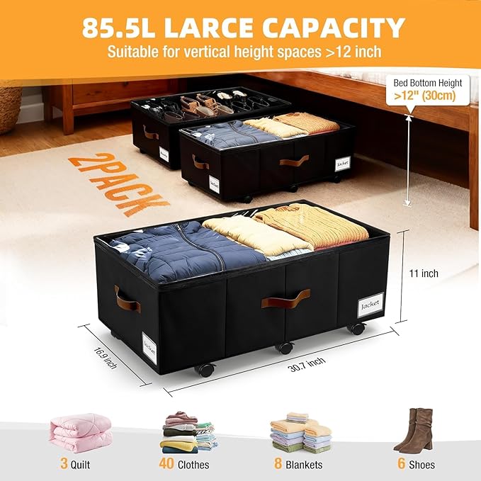 Under Bed Storage with Wheels,Underbed Storage with Sturdy Sidewalls/Bottom, Clear Cover, Label and PU Handle, Rolling Under Bed Drawers for Clothes, Shoes, 11 Inch Height,Black, 4 Pack
