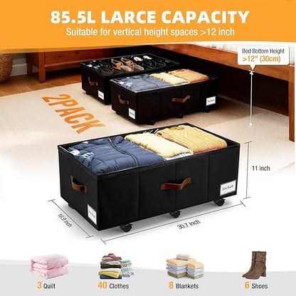 Under Bed Storage with Wheels,Underbed Storage with Sturdy Sidewalls/Bottom, Clear Cover, Label and PU Handle, Rolling Under Bed Drawers for Clothes, Shoes, 11 Inch Height,Black, 4 Pack