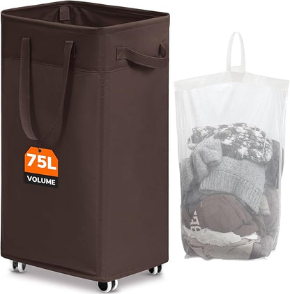 CHICVITA Rolling Laundry Hamper with Wheels, 75L Clothes Hampers for Laundry and Removable Wash Bag, Large Laundry Basket for Living Room, Coffee