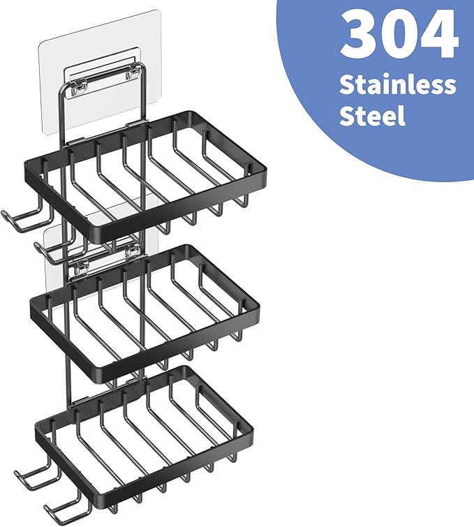 Moforoco 3-Tier Black Soap Bar Holder for Shower, No Drilling, 304 Stainless Steel, Wall Mounted Soap Holder with 4 Hooks and Razor Holder, Shower Rack Soap Tray Bar Soap for Bathroom Accessories
