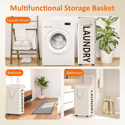 Optish Laundry Basket with Wheels, 90L Rolling Laundry Hamper with Wheels, Large Clothes Hamper on Wheel with Removable Mesh Bag for Bedroom, Bathroom, Dorm, White