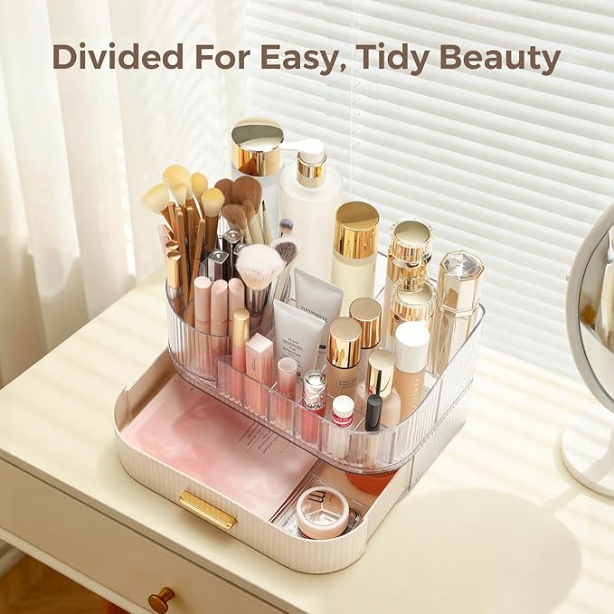 Delamu Makeup Organizer for Vanity with Stackable Drawer, 360 Rotating Makeup Brush Holder, Large Cosmetic Organizer with Tiered Storage for Skincare, Lipstick, Eyeshadow Brushes, Perfume, White