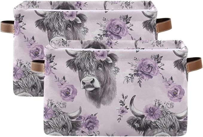 Large Storage Basket Highland Cow Purple Flower Storage Bin Cube Canvas Fabric Organizer Handles Collapsible for Clothes Toys Bedroom Decorative